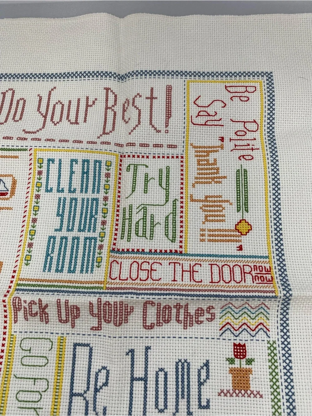 Handmade Cross Stitch Message Sampler - Red Heart Accent